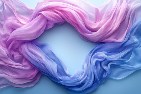 A  photograph showcasing  draped pastel purple and blue silk fabric against a light blue background.の素材