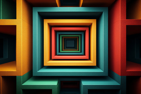 The image shows a digitally rendered abstract composition featuring nested squares in various shades of orange, yellow, red, and green, creating a visually compelling depth effect.の素材
