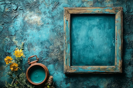 A rustic wooden frame rests on a teal textured background, accompanied by yellow flowers and a teal candle in a clay holder.の素材