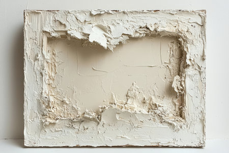 A rectangular textured painting uses off-white and beige paint creating a relief effect with a defined inner frame.の素材