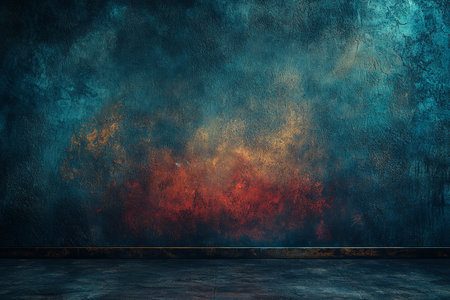A dark textured wall with teal and red tones creates a dramatic and moody background scene.の素材