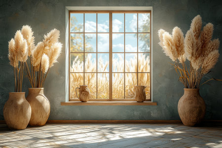 A sunlit room features pampas grass in rustic vases near a window showcasing a pastoral view.の素材