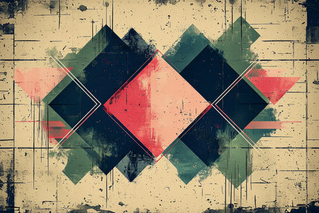 A visually striking abstract image featuring geometric shapes and a distressed, textured background in various shades of  warm and cool colors.の素材