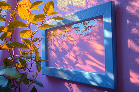 A blue picture frame on a pink wall displays leaf shadows cast by sunlight, alongside a vibrant green plant.の素材