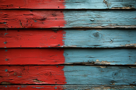 A close-up image showing a weathered wooden surface painted half red and half blue with peeling paint.の素材
