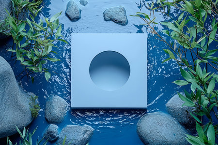 A serene image of a light blue square frame with a circular cutout, floating on blue water, surrounded by green plants and grey rocks.の素材