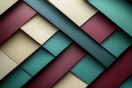 The image shows an abstract composition featuring overlapping textured squares and rectangles in varying shades of teal, burgundy, and beige.の素材