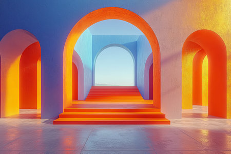 A digitally rendered image depicting a vibrant passageway with colorful arches leading to steps and a distant view.の素材