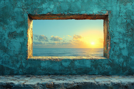 A weathered teal wall with a rectangular window showcasing a vibrant ocean sunset.の素材