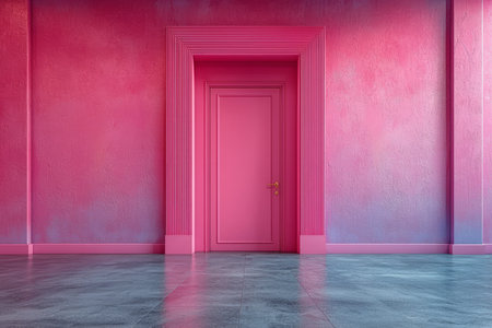 A modern interior design featuring a pink door within a pink wall and grey floor.の素材
