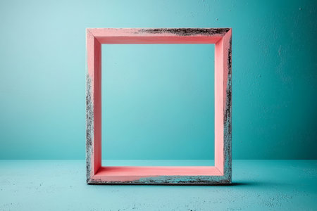 A coral pink wooden frame stands on a teal textured surface against a matching teal wall, providing a minimal backdrop for display.の素材