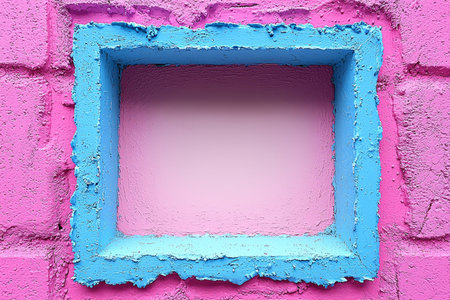 A textured pink wall features a square frame painted light blue showing signs of weathering and age.の素材