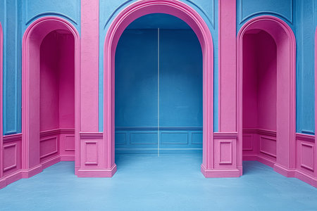 A brightly colored room features pink and blue walls, arched doorways, and detailed molding.の素材