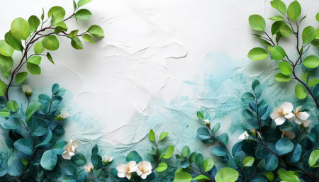 A stylized image featuring white flowers and vibrant green leaves arranged around a textured teal and white background, creating a natural frame.の素材