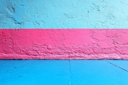 A textured wall divided into pink and blue sections with a matching blue floor creates a visually striking abstract background.の素材