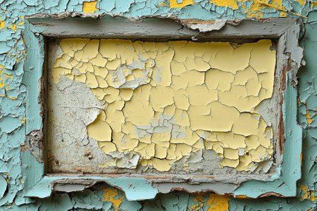 A weathered wooden frame with cracked and peeling paint in yellow and teal hues on an old surface.の素材