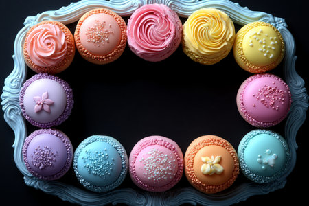 A decorative tray displays twelve pastel-colored cakes with various floral and sprinkle designs.の素材