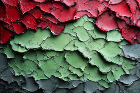 A close-up view of an abstract painting showcasing thick impasto brushstrokes in red, green, and grey hues.の素材