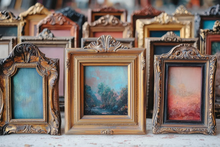 A collection of small, antique-style picture frames with miniature landscape paintings, displayed on a white surface.の素材
