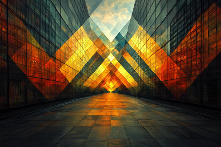A digital artwork depicting an abstract cityscape with golden sunset reflections on modern glass buildings creating a geometric pattern.の素材