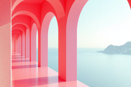 A digitally rendered image showcases a pink arched corridor extending towards a tranquil ocean view, creating a minimalist and aesthetically pleasing scene.の素材