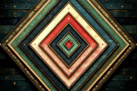 The image shows a complex abstract design featuring multiple layered diamond frames in various vintage colors and textures.の素材