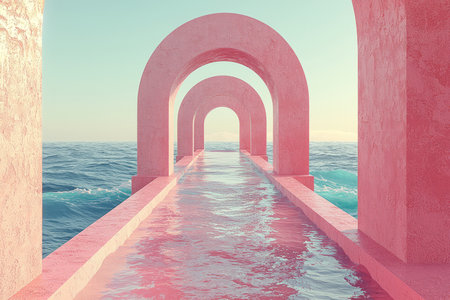 A surreal digital image depicting a pink archway path extending over tranquil ocean water, creating a calming aesthetic.の素材