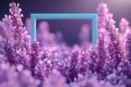 A soft focus image showcases a field of lavender flowers with a light blue frame in the center creating a serene and beautiful scene.の素材