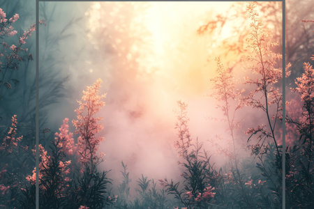 A misty forest scene at sunrise featuring delicate pink flowers illuminated by the warm sunlight.の素材