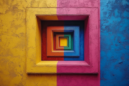 A vibrant abstract image featuring a series of colorful, recessed squares on a textured wall.の素材