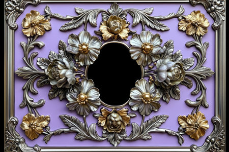 A lavishly detailed frame showcases gold and silver sculpted flowers on a lavender background creating an elegant and luxurious aesthetic.の素材