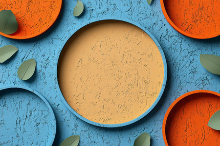 The image shows an abstract composition featuring overlapping circles in shades of blue and orange, accented by green leaves, all set against a textured backdrop.の素材