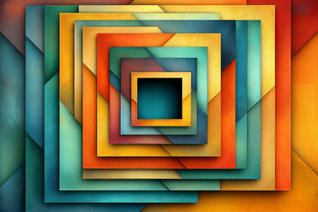 The image showcases an abstract artwork featuring nested squares in various warm and cool colors creating a sense of depth and visual interest.の素材