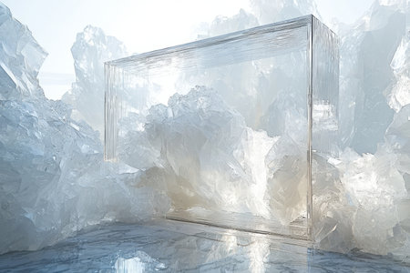 A transparent glass frame encloses a stunning arrangement of crystalline ice formations against a bright background.の素材
