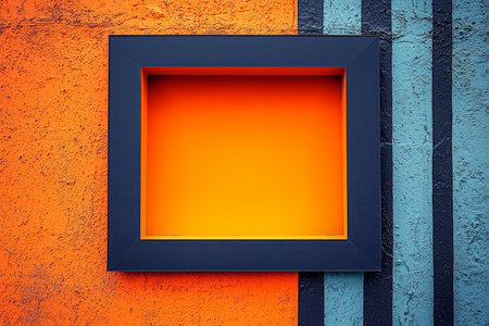 A vibrant abstract image featuring a dark blue square frame containing an orange square on a textured orange and blue striped wall.の素材