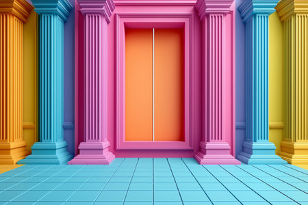A digitally rendered image showcases a colorful architectural scene with pastel columns surrounding an orange doorway on a blue tiled floor.の素材