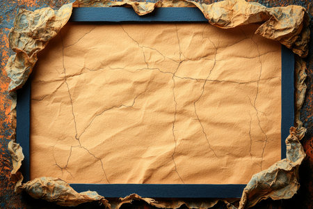 A dark blue frame encloses a cracked and wrinkled tan paper sheet, surrounded by additional aged and crumpled paper fragments.の素材