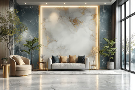 A luxurious modern living room featuring a marble accent wall with gold detailing, a white sofa, and plush armchair.の素材