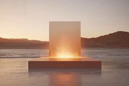 A glowing translucent block rests on a platform at the edge of a calm desert ocean during sunset.の素材