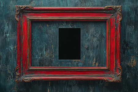 A richly colored red and gold ornate picture frame is set against a dark teal textured background, showcasing an empty black space within the frame.の素材