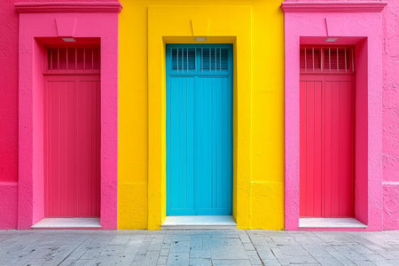 A brightly colored building exterior features three doors pink yellow and blue creating a striking visual contrast.の素材