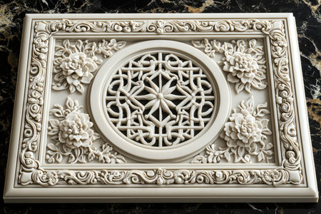 An intricately carved white decorative panel features floral and geometric designs within an ornate frame, suitable for home decor.の素材