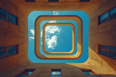 The image shows an abstract architectural design featuring curved concrete walls and multiple skylights framing a blue sky with clouds.の素材