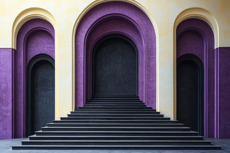 A modern staircase ascends between three arched doorways framed by purple and cream walls creating a dramatic and elegant architectural scene.の素材