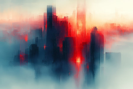 An abstract digital painting depicts a city emerging from a misty landscape at dawn or sunrise the colors are predominantly red and blue.の素材