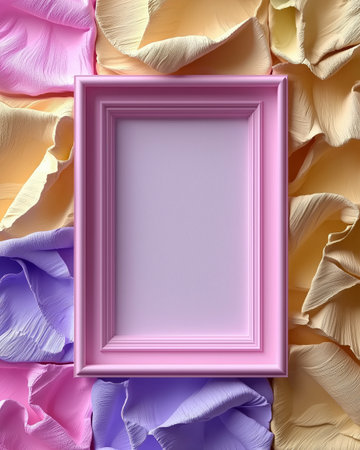 A light pink picture frame rests on a textured background of pastel-colored sculpted rose petals.の素材