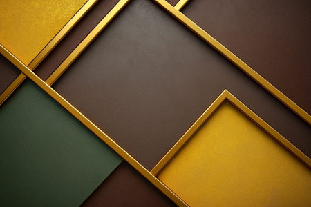 A digitally created image showcasing intersecting gold frames against textured brown and green panels creating an abstract design.の素材