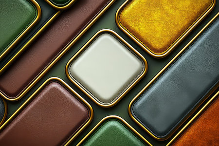 The image shows an abstract arrangement of leather panels in various colors with gold frames, creating a luxurious and modern design.の素材