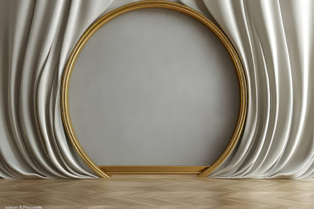 A digitally rendered image showcasing an elegant interior design featuring a gold oval frame draped with white curtains and a wooden floor.の素材