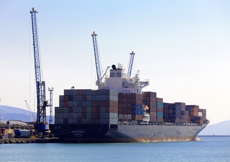 Novorossiysk, Russia - September 09: Russian cargo ship ZIM GENOVA MONROVIA  stays in the Port of Novorossiysk on September 09, 2010 in Novorossiysk, Russia. のeditorial素材